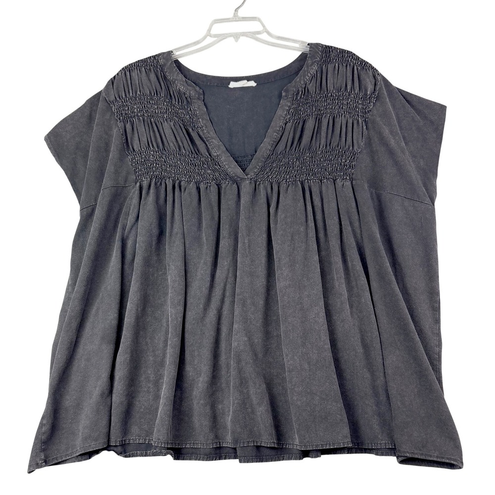 Oli & Hali M L Black Mineral Wash Smocked V-Neck Babydoll Top Oversized Boho